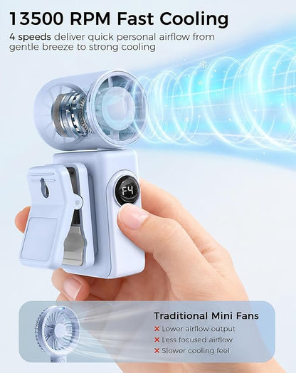 Hotsales Clip-On Portable Fan, 13500 RPM Rechargeable Handheld Mini Fan with LED Display, 360° Rotating Detachable Clip, Stroller Fan for Baby, Compact Travel Essentials/Lash, Summer Gifts for Women