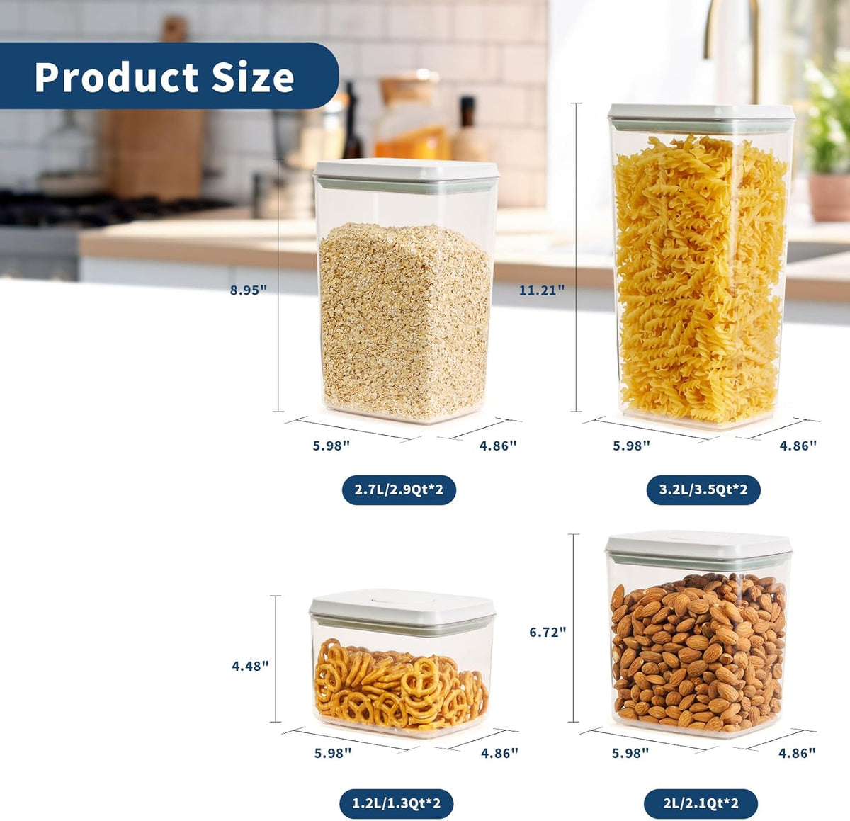 JIMALL Pop Containers for Food Storage, Stackable Food Containers with Lids Airtight, Leak-proof Containers for Cereal Flour & Sugar, 8 Piece Set-3.5Qt,2.9Qt,2.1Qt,1.3Qt