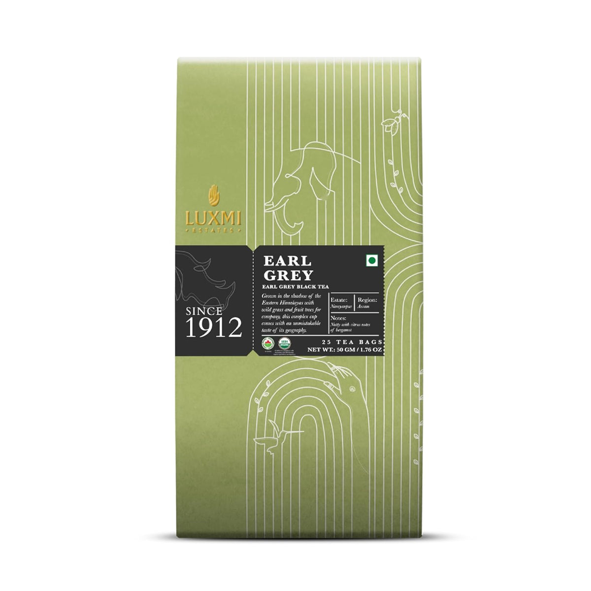 Luxmi Estates Garo Hills Earl Grey Tea 25 Tea Bags (50g) Pack | Certified Organic Black Tea