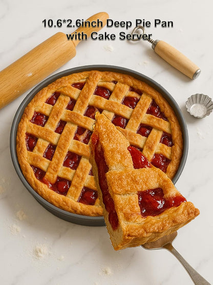 10×2.6 Inch Deep Pie Pan with Cake Server for Pie Tart Quiche Baking. Round Cake Pan with Non-Stick Coating, Rugged Carbon Steel