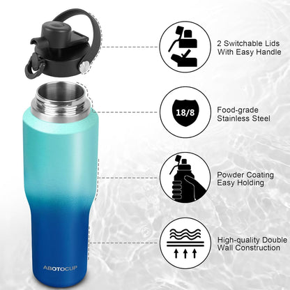 Insulated Water Bottle 40oz with Straw/Spout Lids, Stainless Steel Water Bottles Keep Cold 24h&Hot 12h