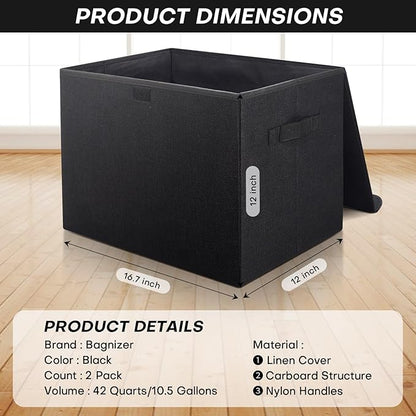 Bagnizer Large 42 Quarts Fabric Storage Bins with Lids [2-Pack] Linen Collapsible Foldable Storage Cubes, Closet Organizer Containers boxes with Handles for Home Office (16.7 x 12 x 12, Black)