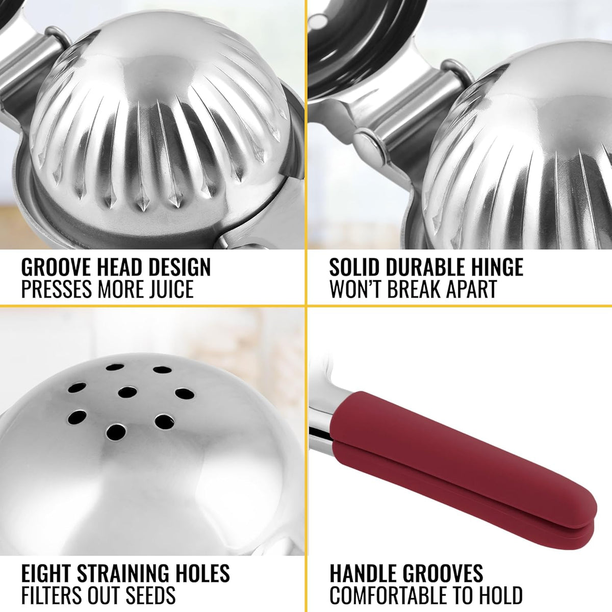 Zulay Lemon Squeezer Stainless Steel with Premium Heavy Duty Solid Metal Squeezer Bowl and Food Grade Silicone Handles - Large Manual Citrus Press Juicer and Lime Squeezer Stainless Steel (Cranberry)