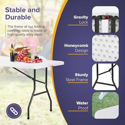 Dopinmin 8FT Plastic Camping Table Foldable Outdoor Dining Table Portable Party Table with Carrying Handle for Parties Wedding BBQ Camping Dining Kitchen,White