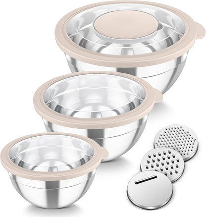 TeamFar Mixing Bowls, 3PCS Stainless Steel Serving Salad Bowls with Lids & 3 Graters, For Kitchen Mixing/Baking/Storing/Prepping, Visible & Airtight