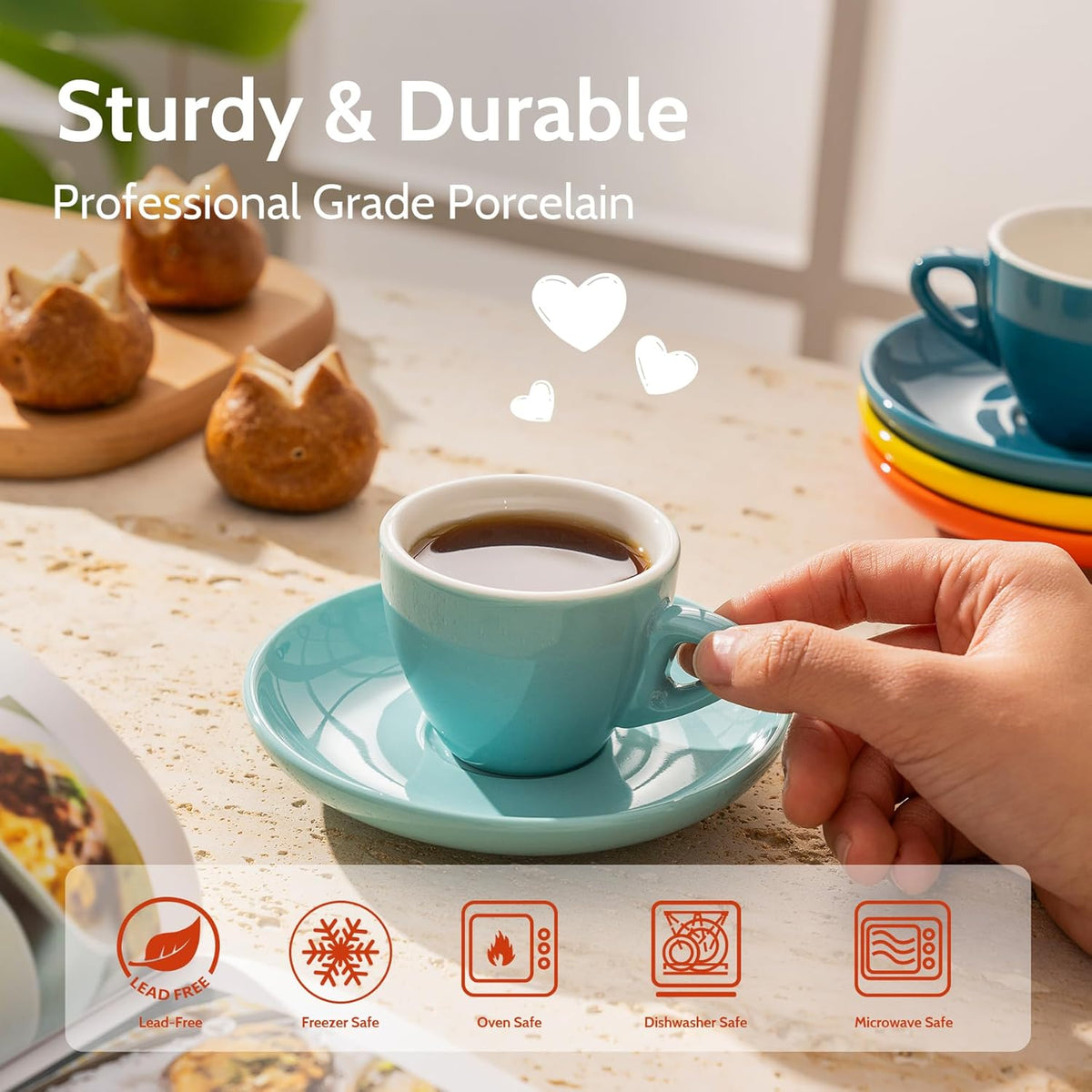 Sweese Espresso Cups with Saucers, 4 Ounce Demitasse Cups, Perfect for Single or Double Espresso, Cappuccino, Latte and Tea - Set of 6, Multicolor