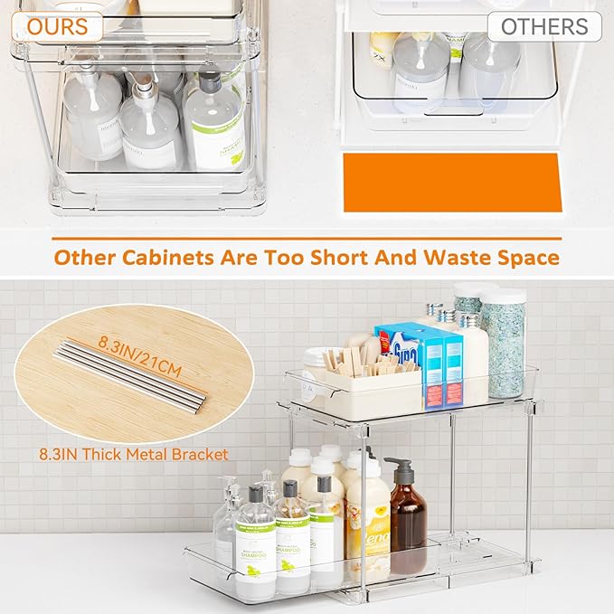 Yieach 2 Pack 10.6″ High Pull Out Medicine Cabinet Organizer for Vitamin,Pill Bottle and Supplement,2 Tier Slide out Under the Sink Organizer,Bathroom Vanity Storage and Cupboard Undersink Organizers