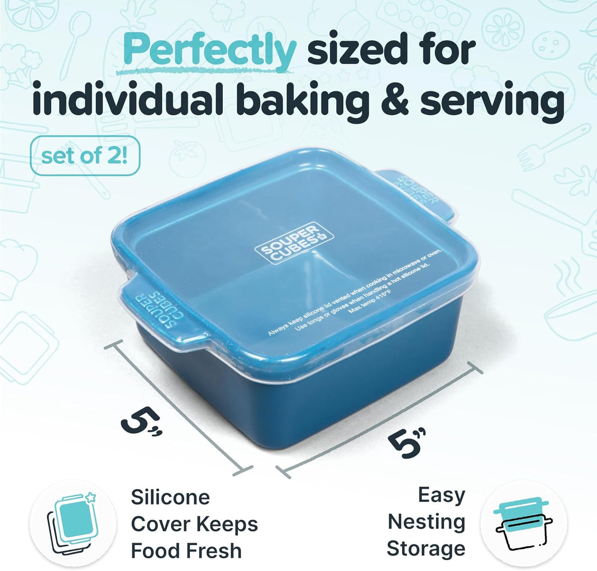 Souper Cubes Stoneware - 5" x 5" Baking Dishes for Oven with Silicone Covers, Premium Mini Ceramic Baking Dishes, Perfect for Reheating Individual Portions in Oven or Microwave, Set of 2 - Blueberry