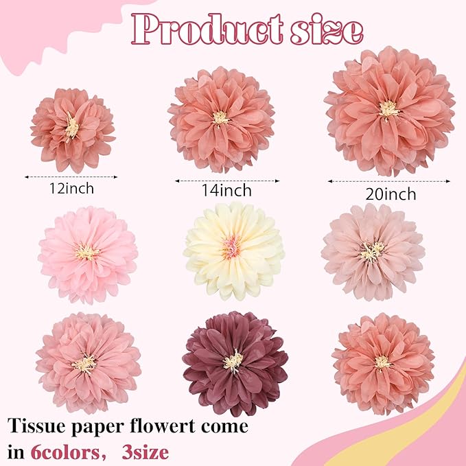 Geyee 18 Pcs Mexican Paper Flowers Colorful Fiesta Tissue Paper Flowers Pom Poms Mexican Carnival for Floral Party Backdrop Wedding Birthday Party Craft (Vintage Color,12" 14" 20")