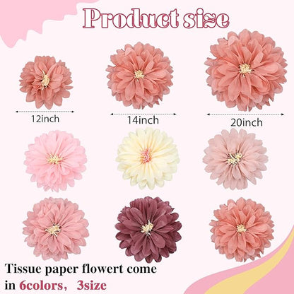 Geyee 18 Pcs Mexican Paper Flowers Colorful Fiesta Tissue Paper Flowers Pom Poms Mexican Carnival for Floral Party Backdrop Wedding Birthday Party Craft (Vintage Color,12" 14" 20")