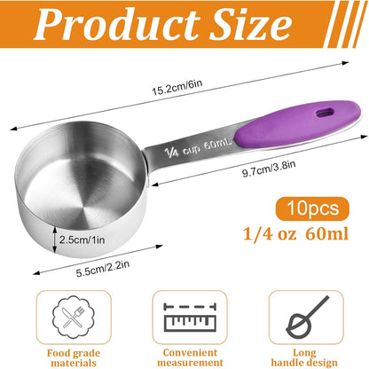10 Pcs 1/4 Measuring Cup, 2 Oz Stainless Steel Scoop with Silicone Handle, Metal Mini Measuring Scoops Kitchen Gadgets for Cooking Baking