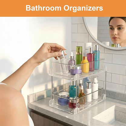 2 Pack Bathroom Organizer,2 Tier Clear Under Sink Organizers Vanity Countertop Storage Container,Cabinet Drawers Bins, Pull-Out Organization with Track for Pantry, Kitchen