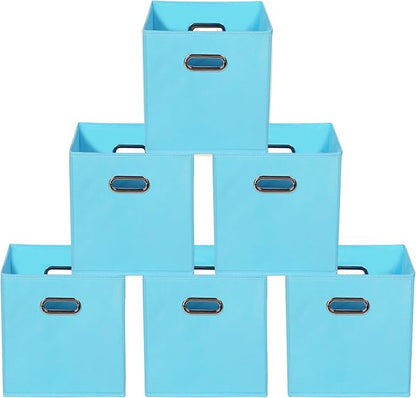 Yunkeeeper storage bins Cubes, Fabric Cube Organizer with Handle, Foldable Cube Bins for Cloth or Accessary Storage, 11x11x11, Set of 6, (Blue