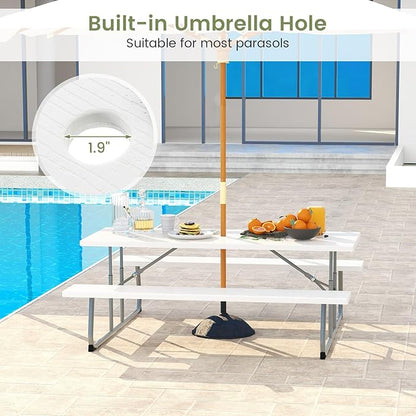 Giantex Folding Picnic Table - 6 FT Outdoor Table Bench Set for 8 Persons w/All-Weather HDPE Tabletop, Metal Leg, Umbrella Hole, Large Outside Dining Table for Patio Garden Yard Poolside (White)