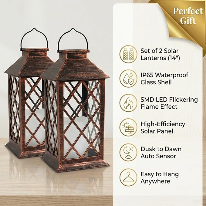 Solar Lanterns Outdoor Waterproof - 2 Pack 14" Large Hanging Solar Lantern with Glass Flickering Flame, IP65 Weatherproof Decorative Lanterns for Garden, Patio, Yard, Porch, Balcony, Gifts Mom Wife