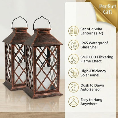Solar Lanterns Outdoor Waterproof - 2 Pack 14" Large Hanging Solar Lantern with Glass Flickering Flame, IP65 Weatherproof Decorative Lanterns for Garden, Patio, Yard, Porch, Balcony, Gifts Mom Wife