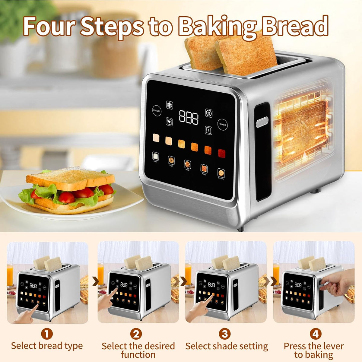 Toaster Touch Screen Toaster 2 Slice with LCD Display Stainless Steel Digital Timer Toasters 6 Bread Types& 6 Shade Settings Smart Extra Wide Slots Tostadora With Bagel Cancel,Defrost Functions