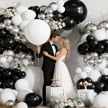 Black and Silver Balloons Arch Kit 155Pcs Different Sizes of 18 10 5 Inch Latex Black White Metallic Silver Balloon Garland for Birthday Anniversary Graduation Party Decorations