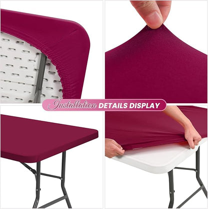 10 Pack Stretch Fabric Table Top Cap Cover, Wine Red Table Covers fits 8Ft Tables, Washable Elastic Universal Rectangle Tablecloth Protector for Indoor Outdoor Party Picnic Wedding (30" W x 96" L)