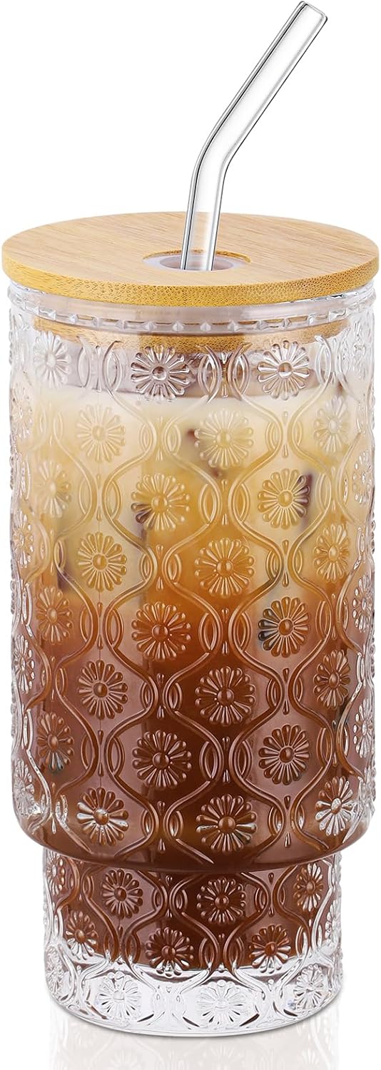 16 Oz Glass Cups with Lid and Straw, Vintage Embossed Floral Glass Tumbler, Iced Coffee Cups for Whiskey Cocktail Beer (1 Pack)