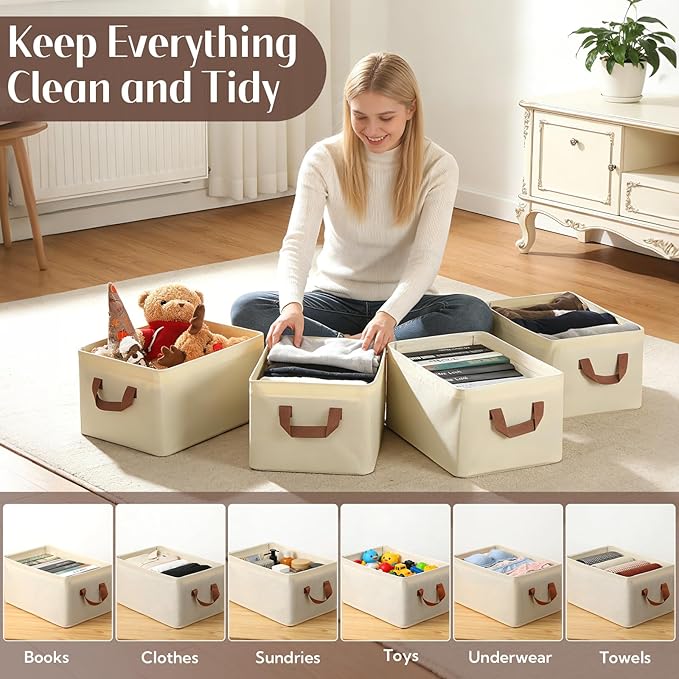 VZZNN 10 Pack Fabric Storage Bins for Shelves, Medium Closet Organizer Baskets with Sturdy Handles, Collapsible Clothes Bins for Closet Organization, Beige 15"x10"x8"