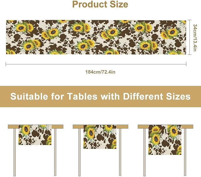 Cow Print Table Runner, Brown Sunflower Cow Print Animal Fur Skin Rustic Cowhide Pattern Table Runner for Kitchen Farmhouse Dining Home Outdoor 13x90in