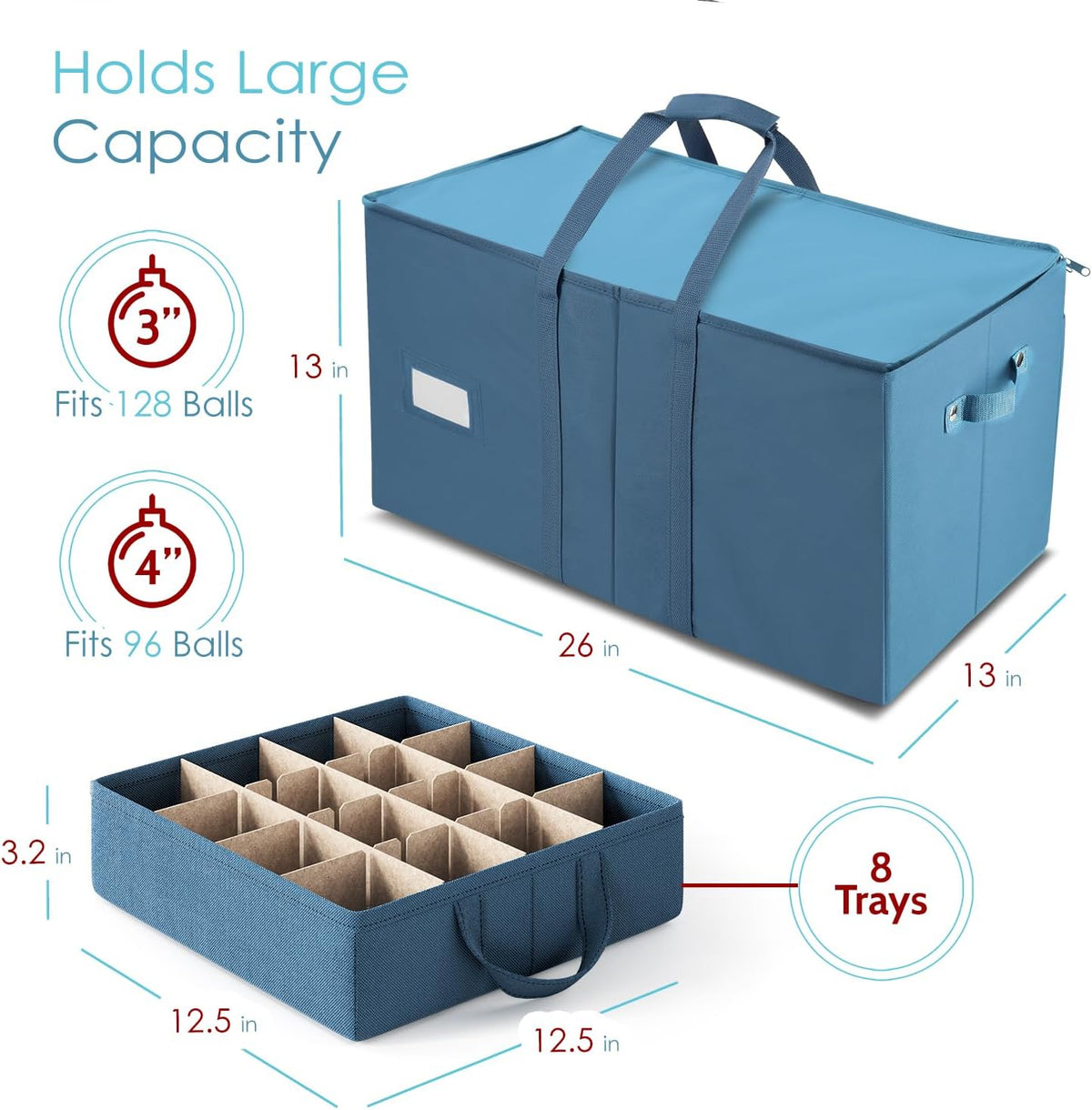 Hearth & Harbor Large Christmas Ornament Storage Box With Adjustable Dividers - Ornament Storage Container For 128 Holiday Ornaments or Decorations