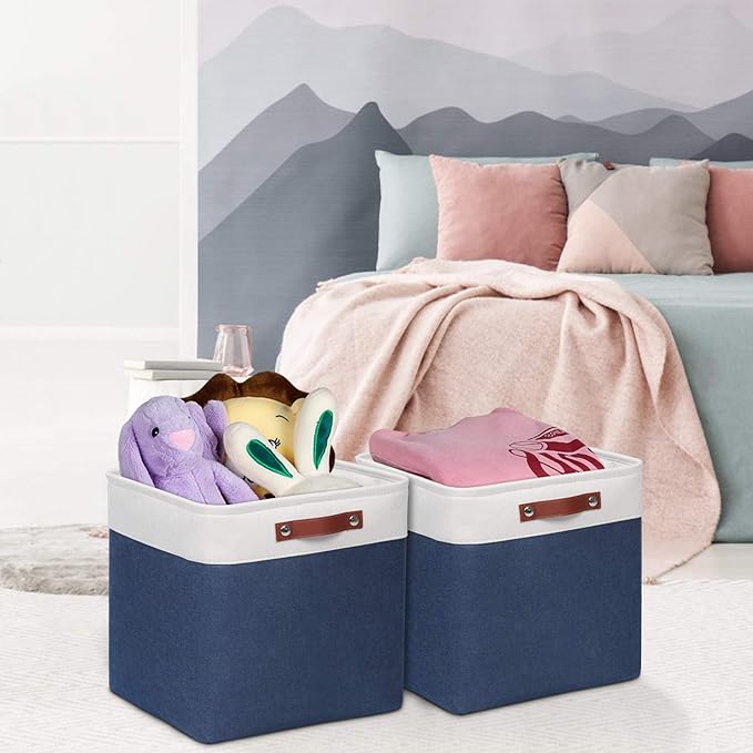 Univivi Fabric Storage Baskets with Hard Bottom 4 Pack 13 x 13 x13 Cube Storage Bins Foldable Storage Bins for Shelves, Closet(Blue, Hard Bottom-13 Inch)