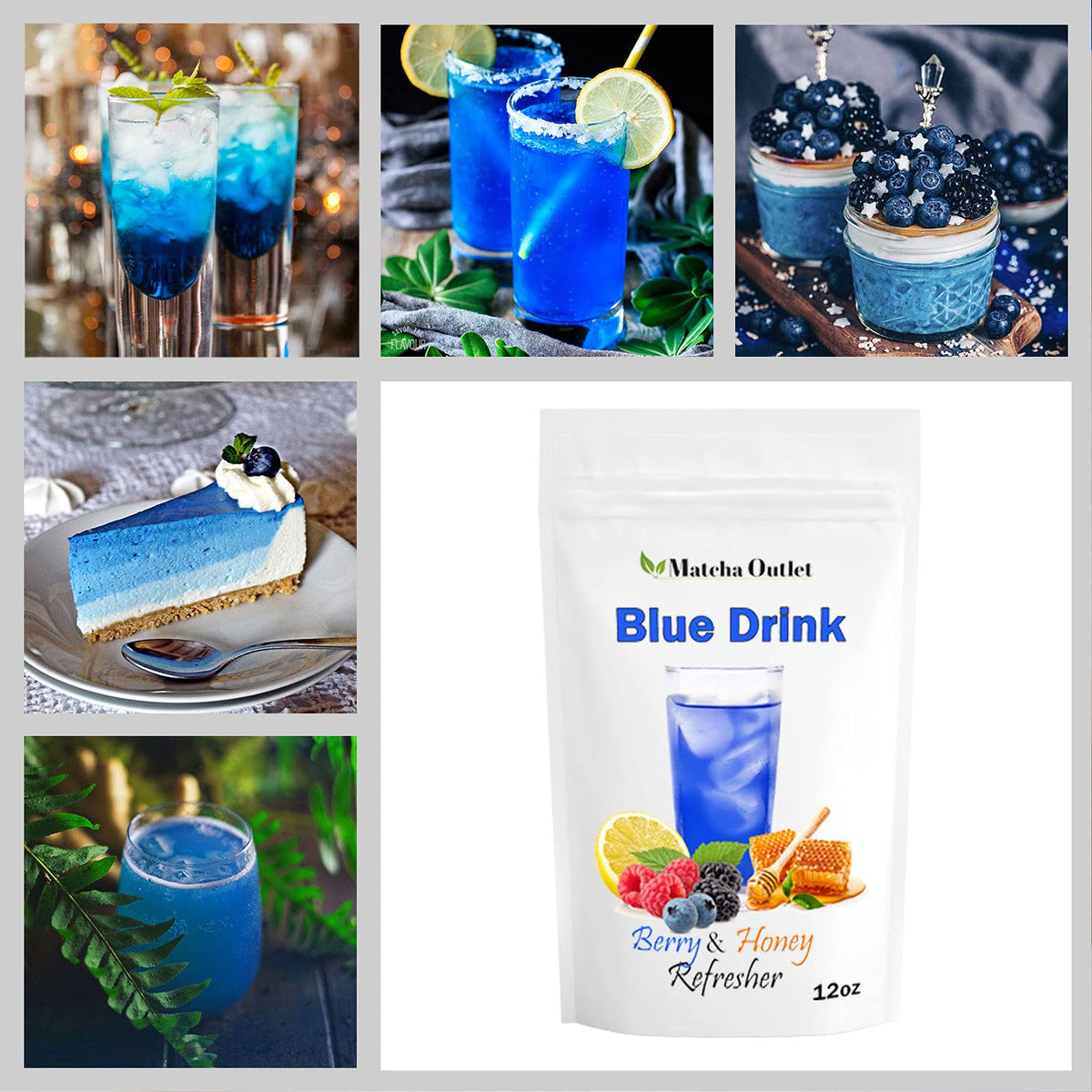 Blue Drink Spirulina Powder, Berry & Honey Refresher 12oz Blue Drink Mix Natural Food Colorant Perfect for Ice Mix Yogurts Baked Treats Loaded Tea