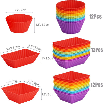 36-Pack Silicone Cupcake Liners, Reusable Muffin Cups – Round, Square & Rectangle Baking Cups, Non-Stick, Easy to Clean, Bento Box Accessories, Lunch Box Dividers for Kids(36 Liners + 20 Animal Picks)