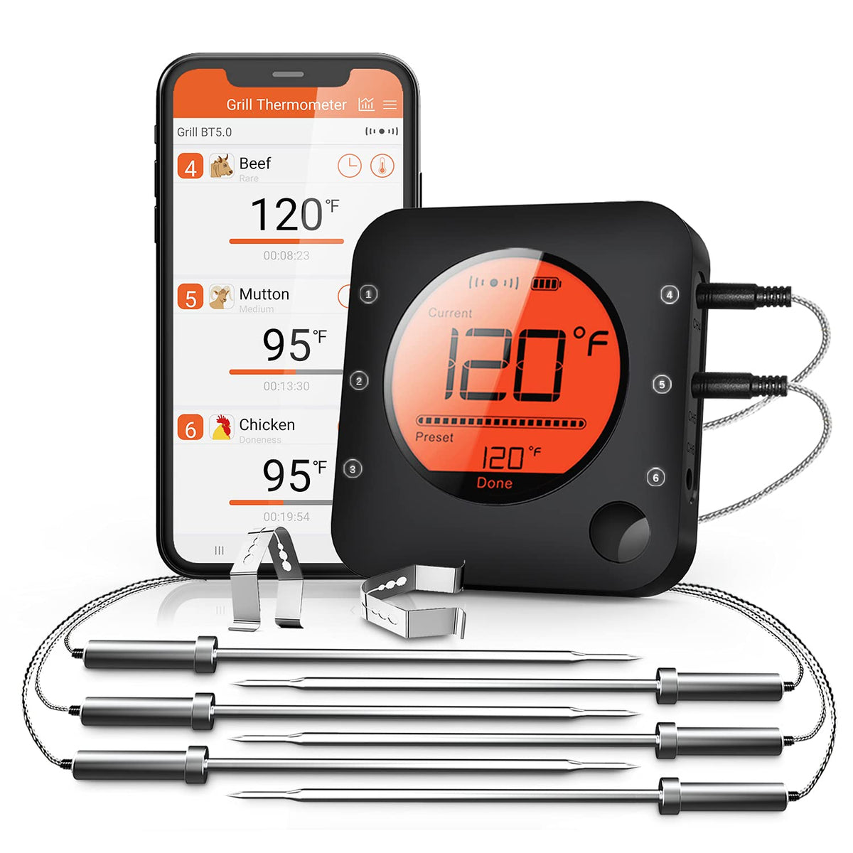 Bfour Bluetooth Meat Thermometer Wireless Meat Thermometer, Wireless Digital Grill Thermometer with 6 Temperature Probes, Large LCD Display
