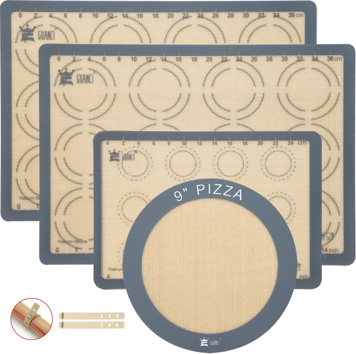Silicone Baking Mat Set of 4, 2 Medium 16.5"x11.6", 1 Small 11.8"x8.4", 1 Piece 9" Round, All Mats 0.7mm Thick, Food Grade Non-Stick Reusable Baking Mats for Pizza, Bread, Pastry, Macarons