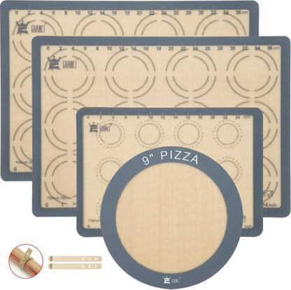 Silicone Baking Mat Set of 4, 2 Medium 16.5"x11.6", 1 Small 11.8"x8.4", 1 Piece 9" Round, All Mats 0.7mm Thick, Food Grade Non-Stick Reusable Baking Mats for Pizza, Bread, Pastry, Macarons