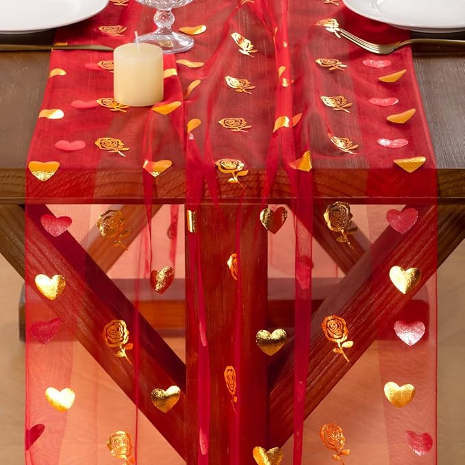 Socomi Valentine's Day Rose & Heart Table Runner Gold Gauze Sheer Romantic Sequin 10FT Glitter Metallic Foil Dining Wedding Birthday Party Baby Shower Holiday Centerpiece Table Decor Red