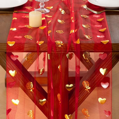 Socomi Valentine's Day Rose & Heart Table Runner Gold Gauze Sheer Romantic Sequin 10FT Glitter Metallic Foil Dining Wedding Birthday Party Baby Shower Holiday Centerpiece Table Decor Red