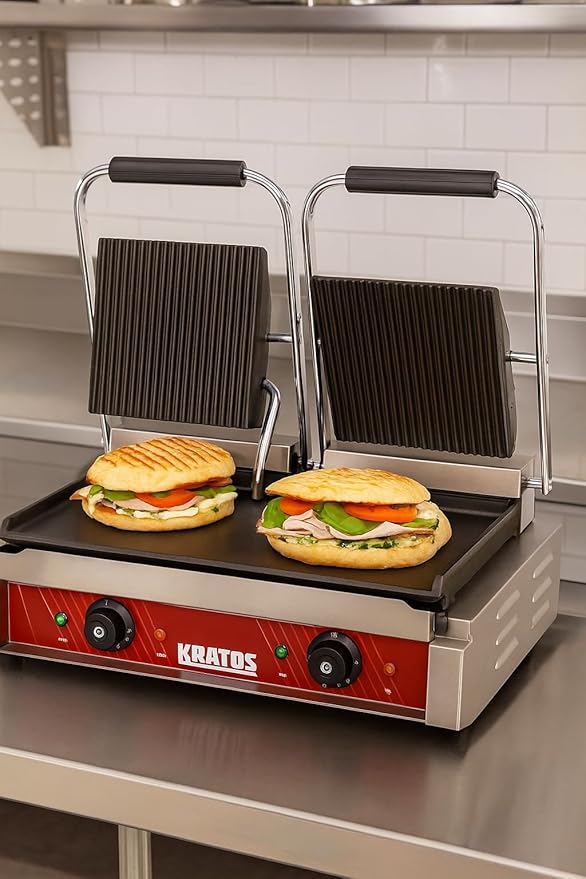 Kratos Commercial Electric Panini Sandwich Grill with Grooved Top and Smooth Bottom Plates, 18.7"x9" Cooking Surface, Commercial Countertop Panini Press, 120V, 3500W (29Y-025)