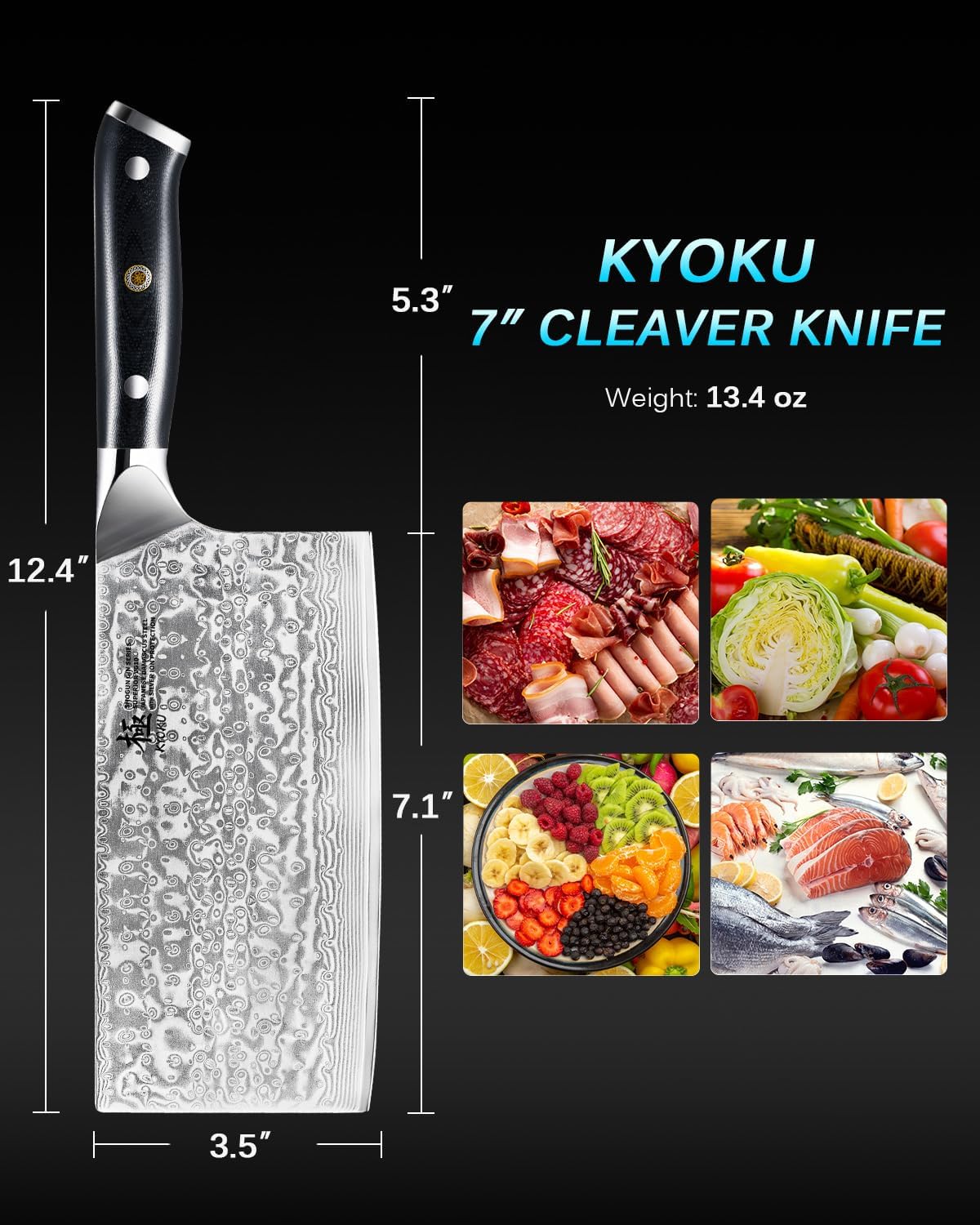 Kyoku Gin Series Vegetable Cleaver Knife, 7" Asian Vegetable Knife, Japanese VG10 Damascus Stainless Steel Knife