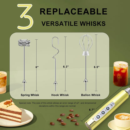 Yuswko Champagne Gold Handheld Milk Frother Wand for Coffee, Rechargeable Electric Whisk with 3 Heads 3 Speeds Drink Mixer Coffee Frother For Latte