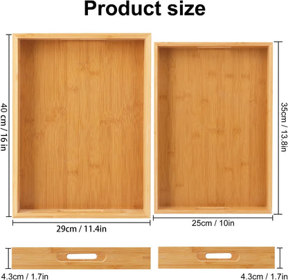2 Pack Large Bamboo Serving Tray with Handles, 16 x 11.6 Inch and 14 x 10 inch Wooden Dinner Tray