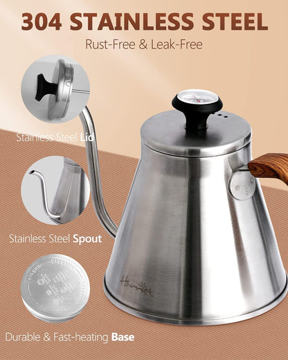 Harriet Gooseneck Kettle with Thermometer for Pour Over Coffee and Tea, 37 fl oz, Stainless Steel, Durable 3-Layer Base