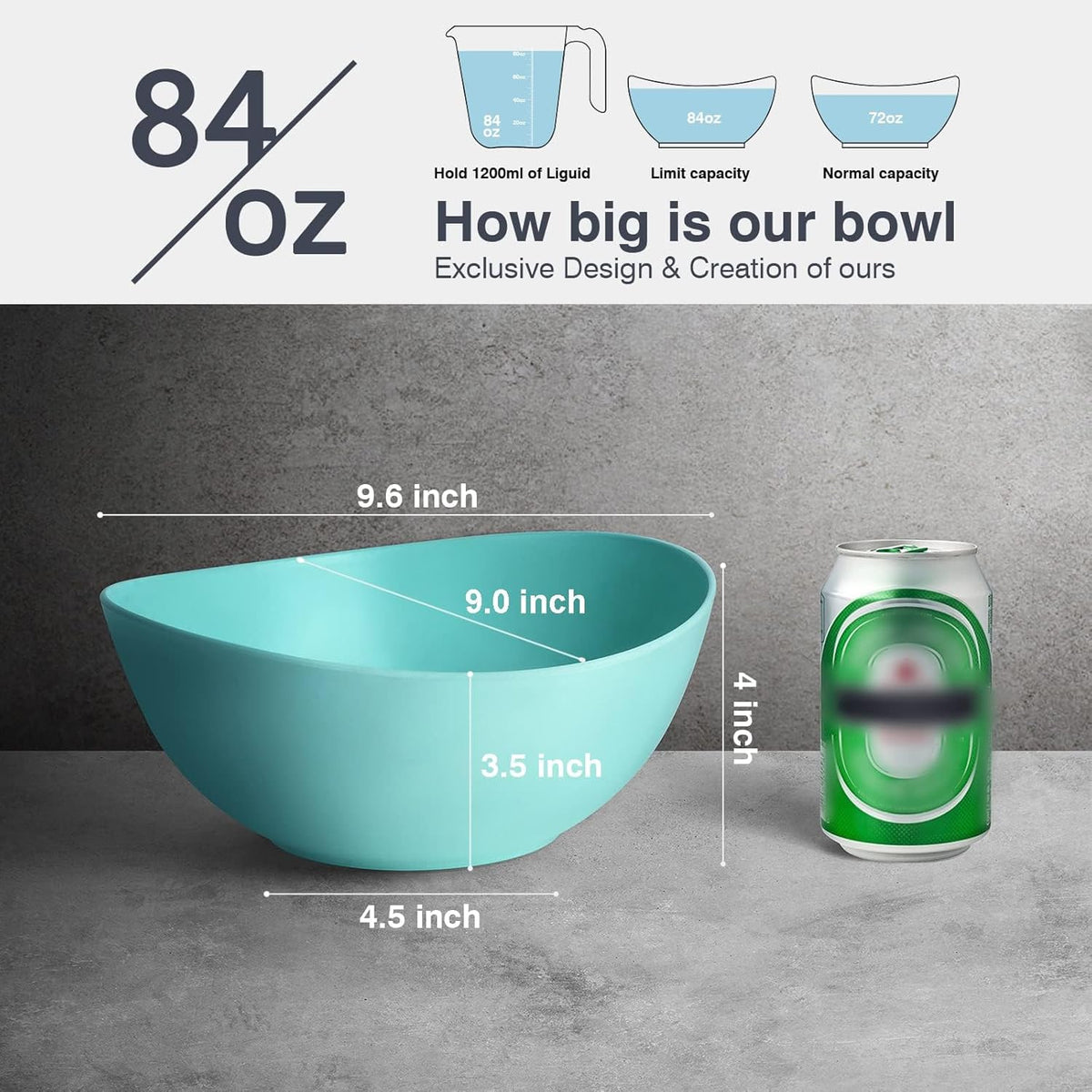 9.6'' Serving Bowls, Bamboo Fiber Salad Bowls Set of 4, 2.6Qt/84 Ounce, Large Bowls for Kitchen,Curvy Shape Big Deep Bowl for Salad,Vegetable,Fruit