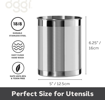 Oggi Stainless Steel Utensil Holder - 5" Diameter, Utensil Caddy, Weighted Base for Stability - Larger-Sized Utensil Crock and Countertop Utensil Organizer, Stainless Steel