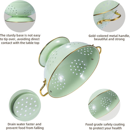 Metal Colander Set of 3, Strainer Basket with Handles perfect for Spaghetti, Pasta, Berry, Vegetable, Fruit, Solid Base Powder Coated Kitchen Essential Strainer Set, 1 & 3.5 & 5 Qt (Green)