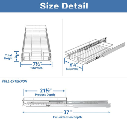 ROOMTEC Pull Out Cabinet Organizer, Cabinet Pull Out Shelves 7½" W x 21½" D, Heavy Duty Cabinet Drawers Slide Out Kitchen Cabinet Organizers Storage Shelf
