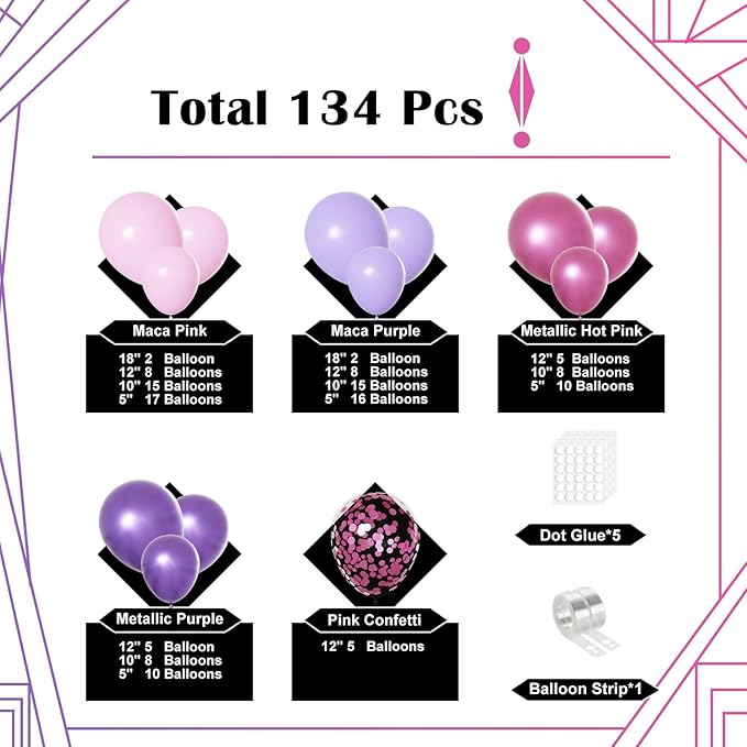 Lukiituke Pink and Purple Balloon Arch Kit, 134Pcs Light Purple and Pink Balloons, 4 Sizes Light Pink Purple Balloons for Wedding Bridal Baby Shower Birthday Party Decorations