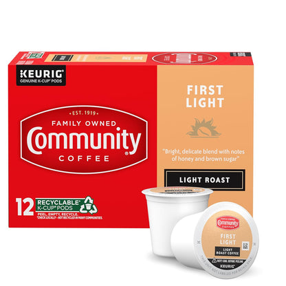 Community Coffee First Light, 72 Keurig Coffee Pods, Light Roast, Compatible with all K-Cup Brewers, 12 Count (Pack of 6)