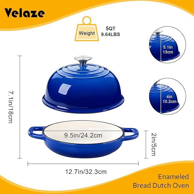 Velaze Enameled Cast Iron Dutch Oven for Bread Baking,5 QT Round Bread Oven Pot with Dome Lid for Sourdough, Roasting,Braising(Blue)
