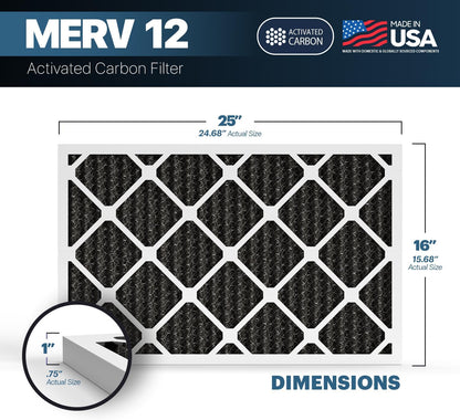 BNX TruFilter 16x25x1 MERV 12 Odor Defense (2-Pack) AC Furnace Air Filter with Activated Carbon - MADE IN USA - Pleated Air Conditioner HVAC AC Furnace Filters - Removes Odor, Mold, Bacteria, Smoke