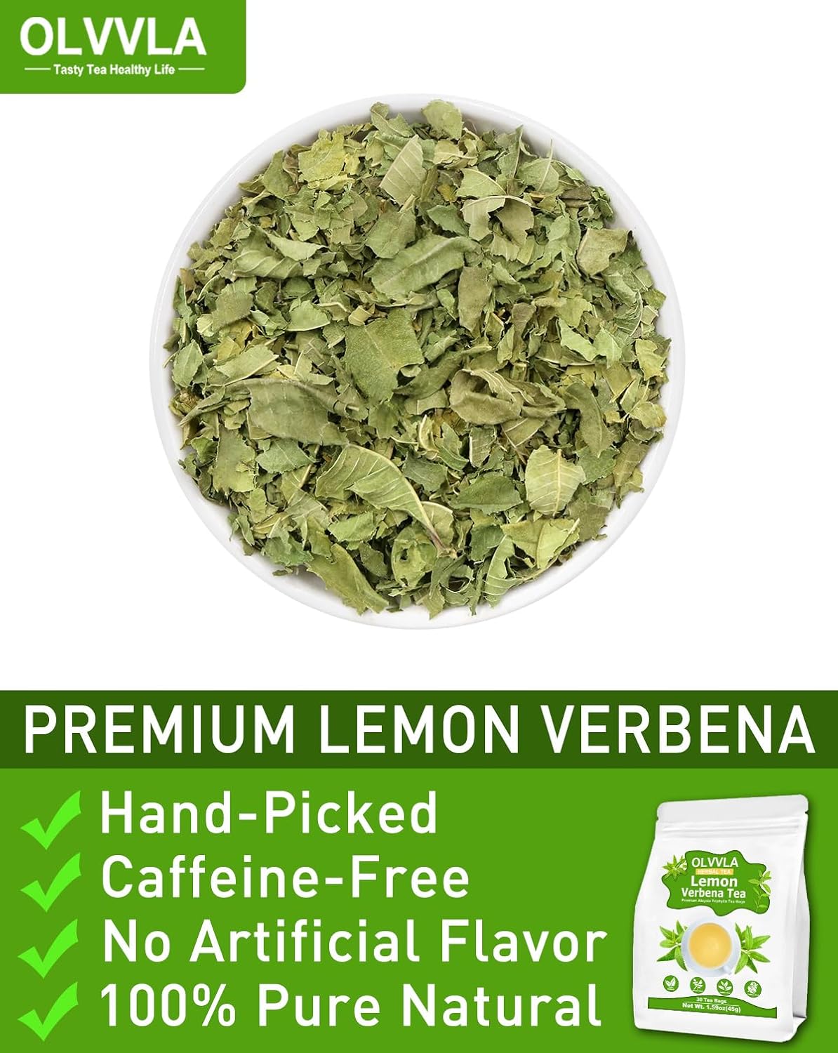 Olvvla - Premium Lemon Verbena Tea Bags - 1.5g X 30 Count - Pure Natural Cedron Herb - Caffeine-free - Non-GMO - Lemon Tea - Verbena Tea