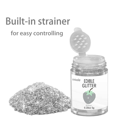 Silver Edible Glitter Glimmer Powder for Cakes Drinks - Colaele 5 grams Food Grade Luster Dust Metallic Food Decorating Sprinkle Disco Brew Dust for
